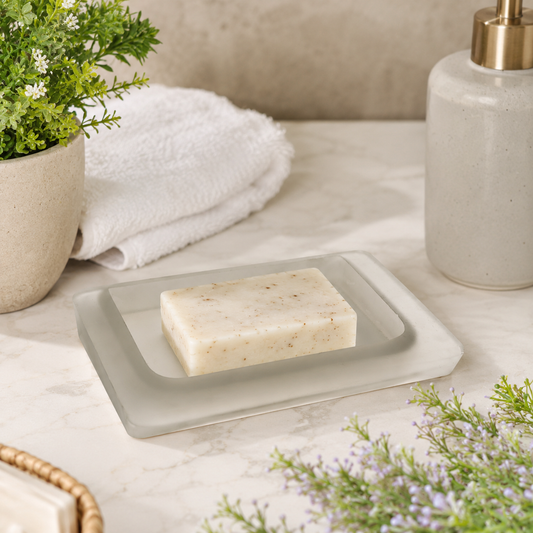 Pure Source India Stylish Durable Rectangular Design Glass Frosted Soap Dish for Hand Cleanser, Body Wash, Bathroom Shower Use