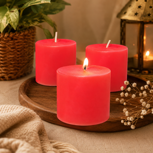 Pure Source India Rose Scented Pillar Candles, Red, Set of 3 | Paraffin Wax Smokeless & Drip-Resistant Decorative Candles for Home Décor, Bedroom, Dinner Table, Wedding, Diwali & Gifting