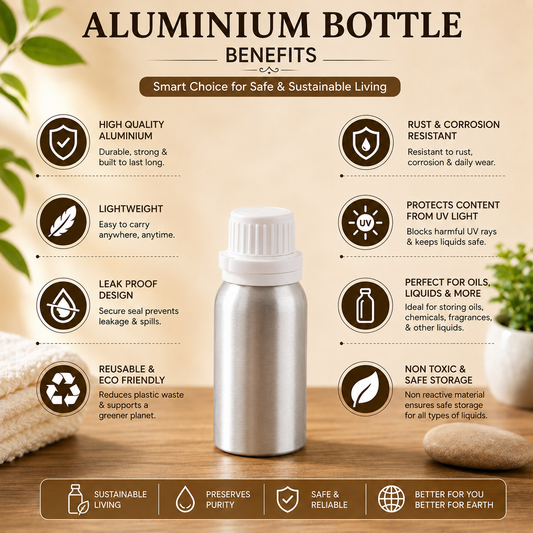Pure Source India Aluminum Empty Bottle 50ml with Inner Lid & Cap – Ideal for Essential Oils, Oil Blends, Cosmetics and Liquid Storage (Pack of 1)