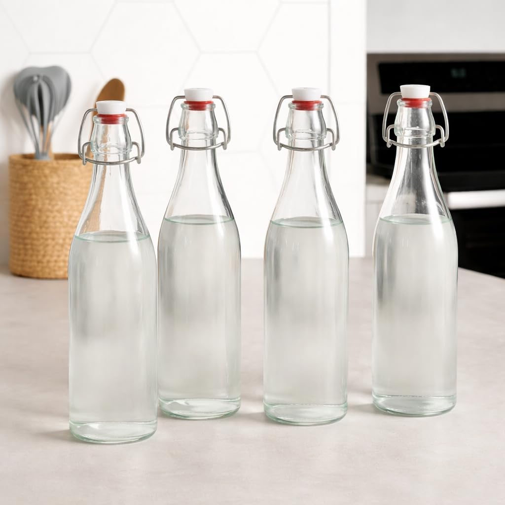 Pure Source India Premium 1 Litre Glass Water Bottle with Airtight Flip Top Cap | Leakproof & Reusable Bottle for Water, Juice, Oil, Vinegar