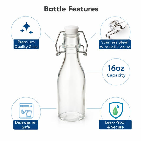 Premium 250ml Glass Water Bottle with Airtight Flip Top Cap | Leakproof & Reusable Bottle for Water, Juice, Oil, Vinegar