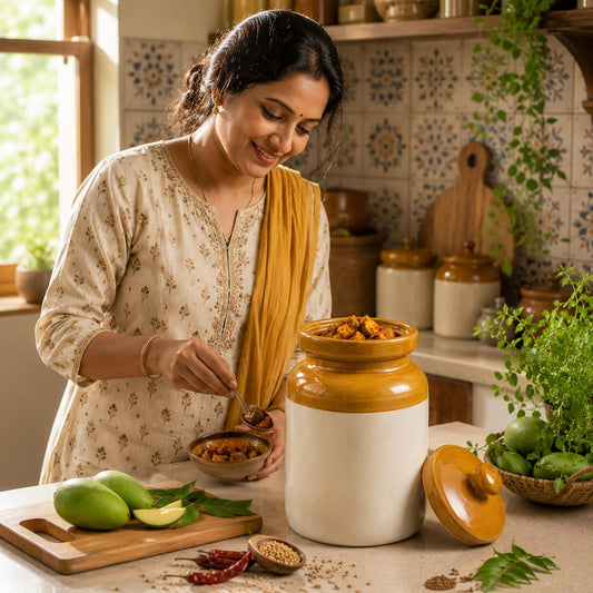 Pure Source India 2 kgs Ceramic Pickle Jar with Lid -Ivory and Brown