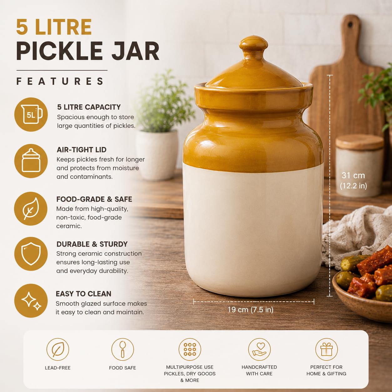 Pure Source India 3 kgs Ceramic Pickle Jar with Lid -Ivory and Brown