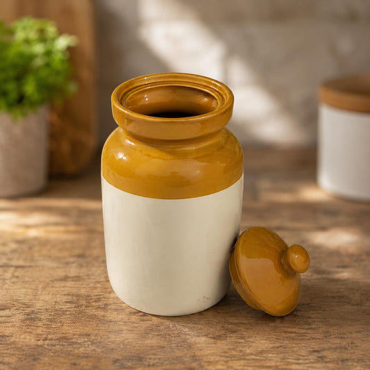 Pure Source India Ceramic Pickle Jar with Lid -Ivory and Brown