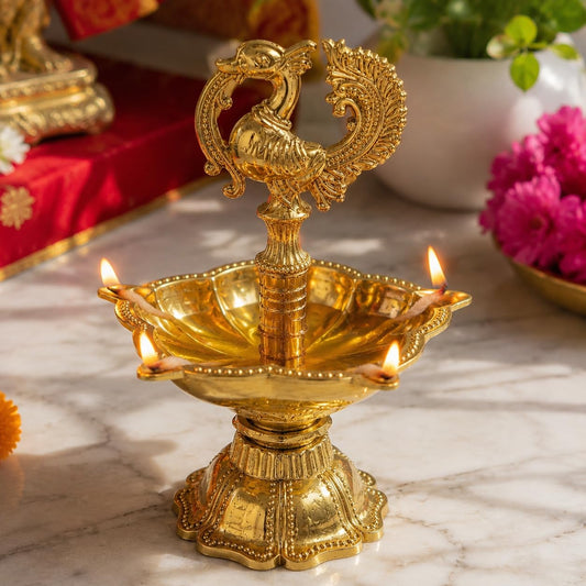Pure Source India Brass Peacock Diya for Puja | Traditional Oil Lamp, 10 cm Length x 8 cm Height | Decorative Brass Deepam for Home Temple, Mandir, Aarti, Diwali & Festive Gifting