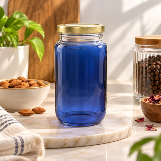 Pure Source India Blue Glass Jar with Gold Metal Lid, (1000ml), Airtight Kitchen & Pantry Container, Multipurpose Food Storage Jar