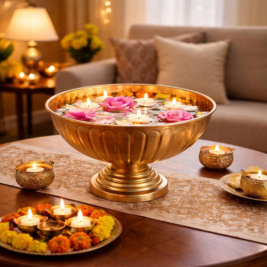 Pure Source India Decorative Metal Urli Bowl, Round with Pedestal Stand, Matte Gold Finish, 8.5 Inch, for Center Table, Floating Flower & Diya Décor, Home, Pooja & Festivals