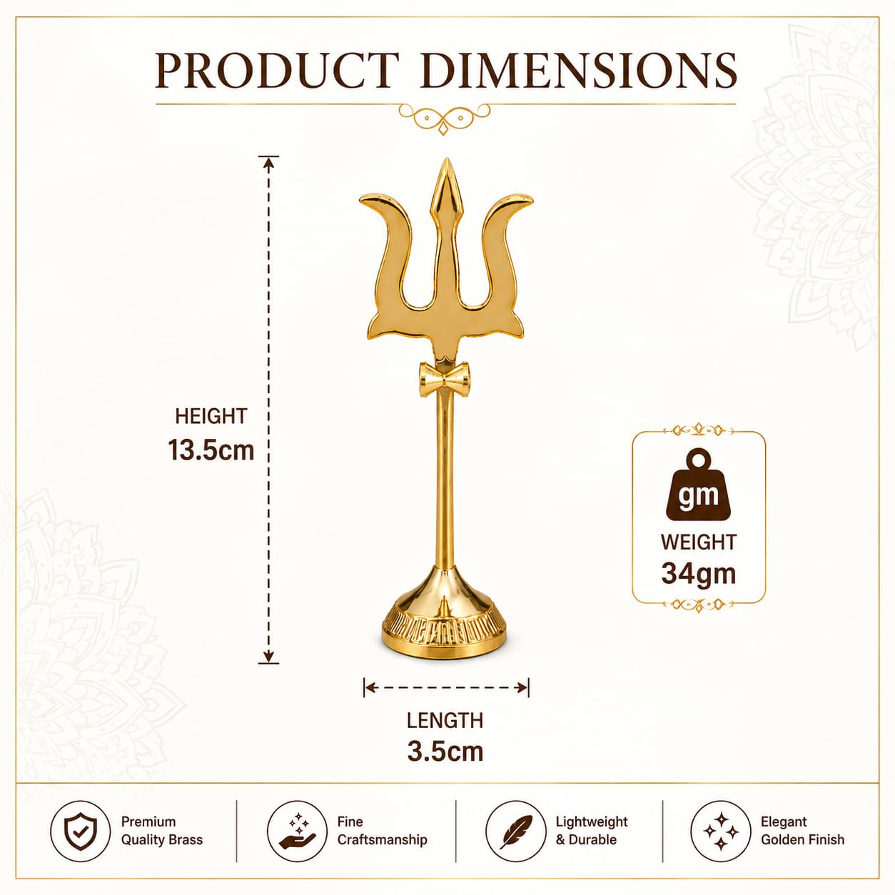 Brass Trishul with Damru Statue for Home Temple, Pooja Room & Shiv Worship | Decorative Trident Idol for Mandir, Office, Car Dashboard & Spiritual Décor