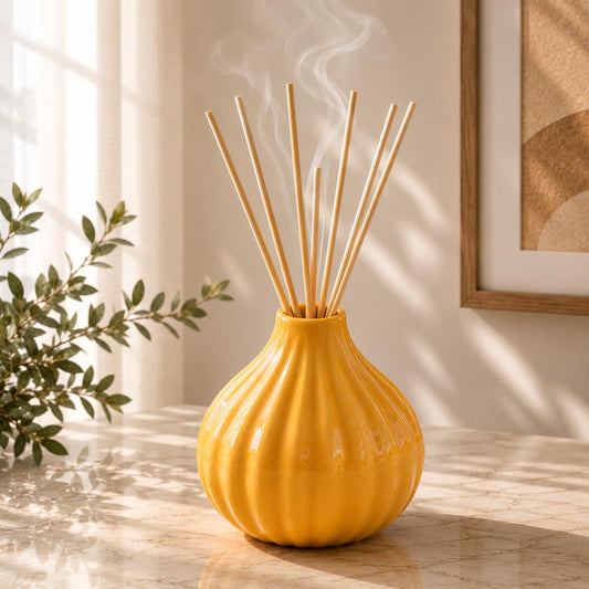 Pure Source India Ceramic Yellow Reed Diffuser Pot/Flower Pot With 8 Pcs Reed Sticks (Standard)