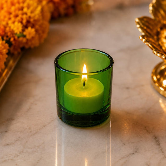 Pure Source India Set of 6 Glass Votive Tealight Candle Holders Green - Living Room Side Table Home Decoration