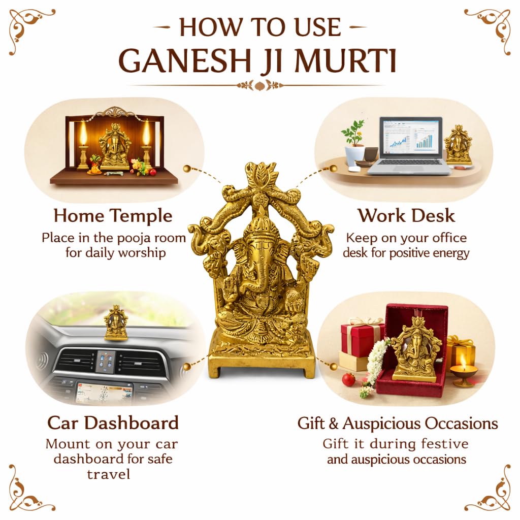 Lord Ganesha Statue with Arch, Hindu Deity Idol, Gold, 4 Inch, Decorative Figurine for Home Temple, Vastu, Wealth & Auspicious Beginnings