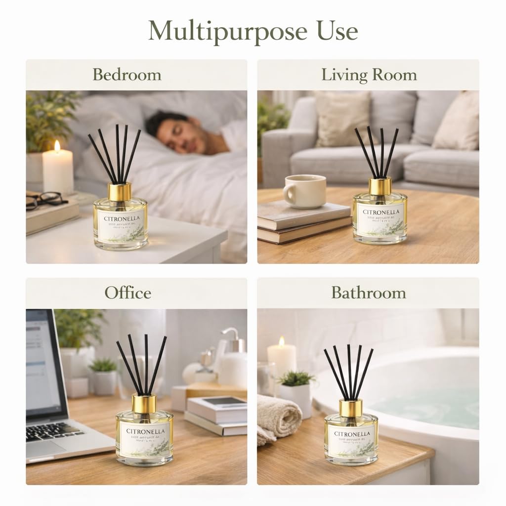 Pure Source India Citronella Reed Diffuser Oil Set 100ml With 6 Rattan Reed Sticks – Premium Aromatherapy Home Fragrance with Glass Bottle |Air Freshener for Home, Bedroom & Office | Ideal for Gifting
