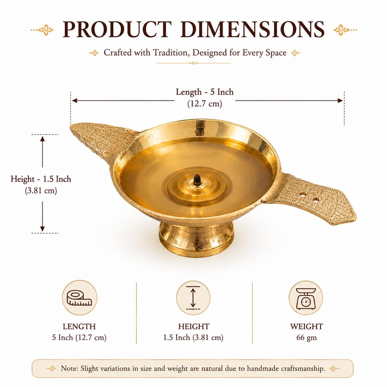 5 Inch Brass Diya Oil Lamp for Pooja | Traditional Indian Deepam with Decorative Handles | Temple Lamp for Home, Diwali, Festivals & Spiritual Décor