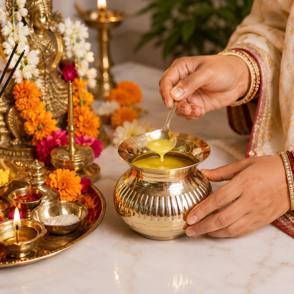 Pure Source India Brass Gangajal Lota for Pooja | 200 ML Traditional Brass Kalash Pot for Holy Water | Abhishek, Home Temple, Religious Rituals & Worship