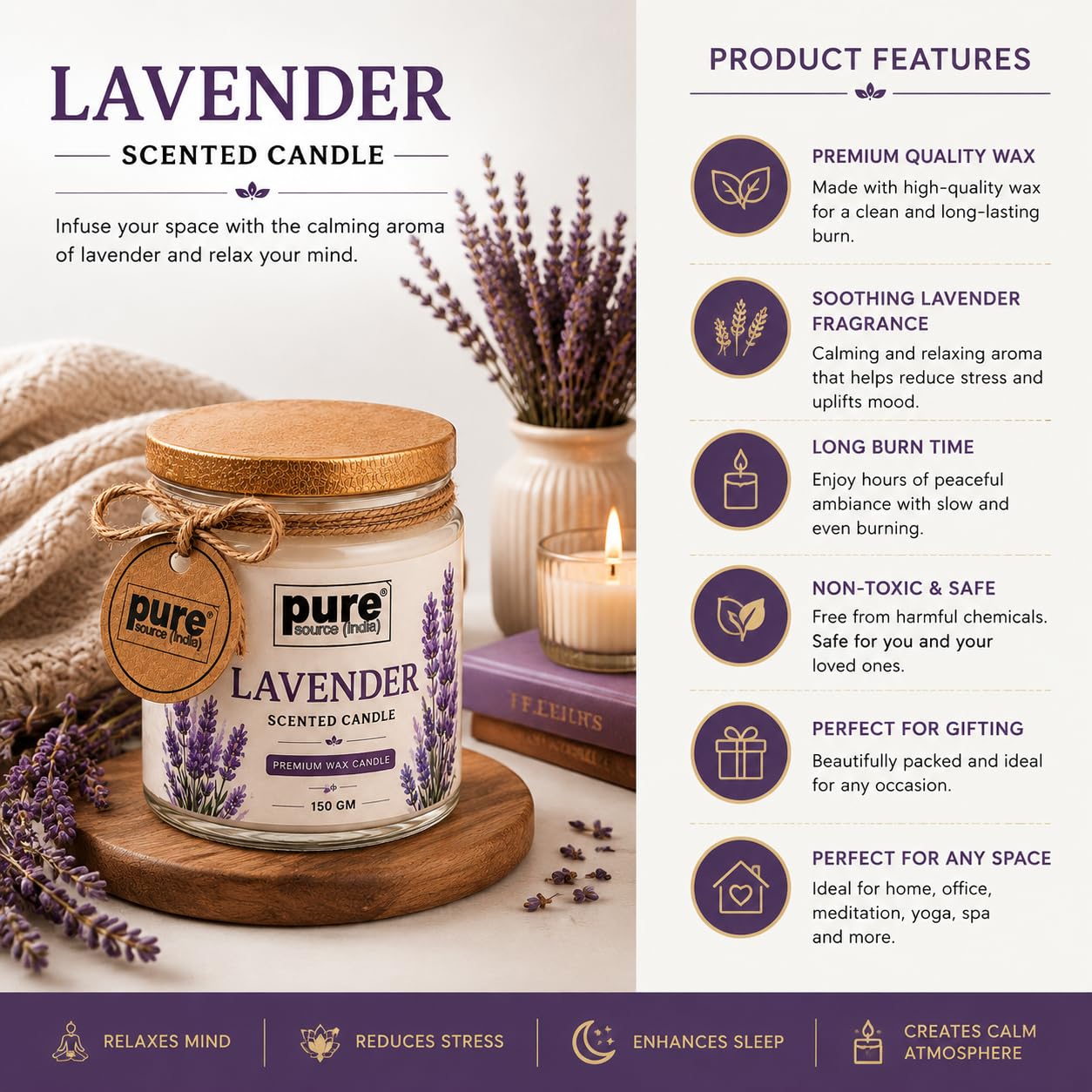 Pure Source India Premium Lavender Scented Wax Candle, 150 g | 35–40 Hours Long Burn Time | Aromatherapy Jar Candle for Home Fragrance, Home Decor, Diwali, Raksha Bandhan, Office, Spa & Gifting