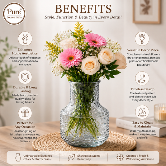 Pure Source India Modern 8 Inch Glass Flower Vase – Hammered Texture Decorative Tabletop Vase for Flowers & Home Decor