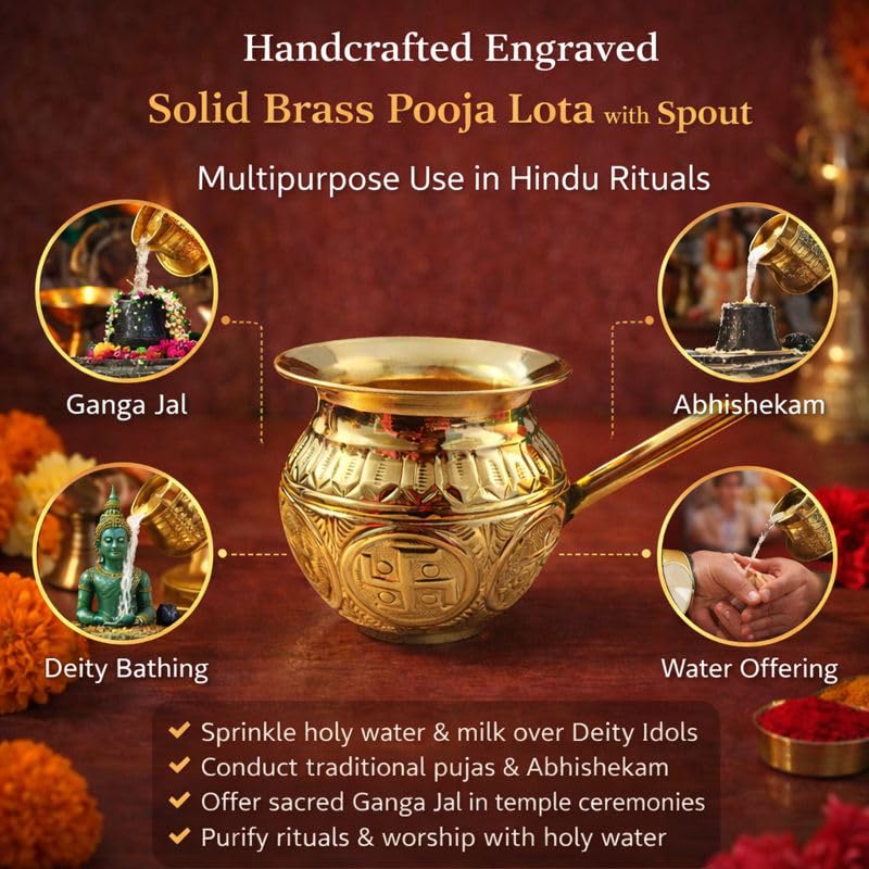 Pure Source India Brass Engraved Lota Kalash with Spout | 3.8 Inch Traditional Brass Karwa | Holy Water Pot for Pooja, Rituals, Festivals & Spiritual Worship