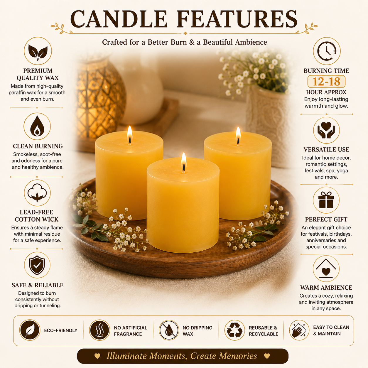 Pure Source India Paraffin Wax Scented Pillar Candles for Home Decor Smokeless & Dripless Candle (Sandalwood - Yellow) Set of 3