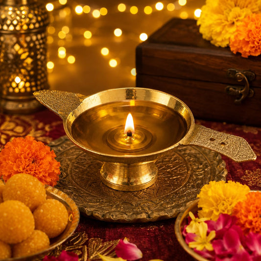 Pure Source India Brass 5 Inch Diya Oil Lamp for Pooja | Traditional Indian Deepam with Decorative Handles | Brass Temple Lamp for Home, Diwali, Festivals & Spiritual Decor