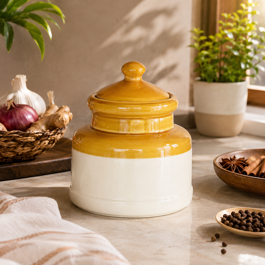 Pure Source India 500gm Ceramic Pickle Jar with Lid | Food-Safe Ceramic Bharani for Achaar Storage | Ceramic Storage Container for Pickle, Chutney, Masala, Salt, Dry Fruits, Mouth Freshener & Kitchen Organizer | Ivory & Brown