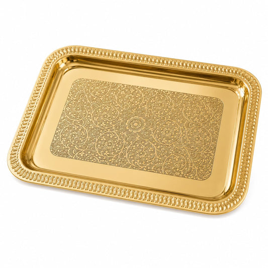 Pure Source India Large Decorative Brass Serving Tray 13.8 x 9.8 Inch | Premium Rectangular Brass Platter for Tea, Coffee, Snacks & Dry Fruits