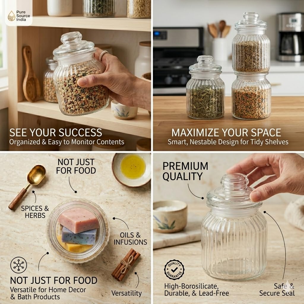 Pure Source India Glass Storage Jar - 700 Ml, Transparent for Coffee Station, Cookies, Kitchen, Bath bombs, multipurpose uses