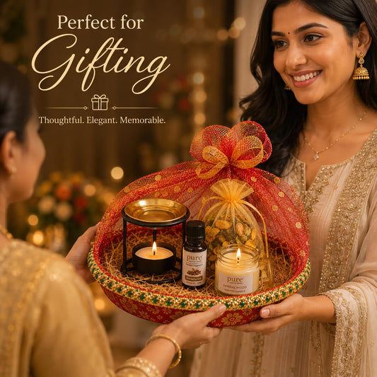 Pure Source India Diwali Gift Set with Brass Aroma Burner, Aroma Oil, Scented Candle & Potpourri Potli | Festive Home Fragrance Gift Hamper