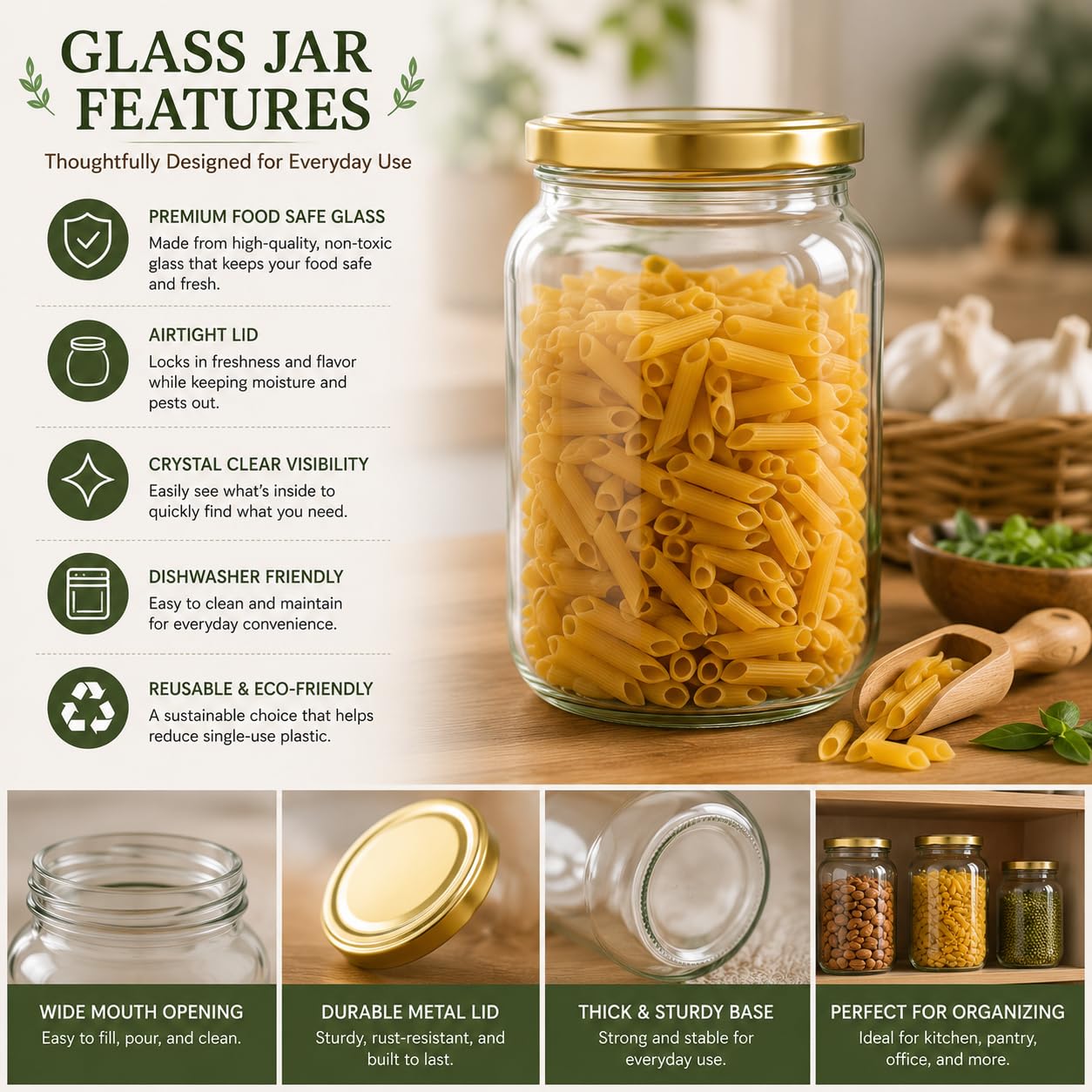 Pure Source India 500gm Round ,Glass Jar with Gold Lug Cap | Airtight Food Storage Jar for Honey, Jam, Pickles, Spices & Preserves