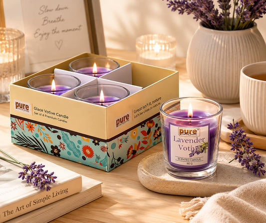 Pure Source India Lavender Votive Candles Set of 4,Scented Glass Candles, Aromatherapy Lavender Fragrance, Long Burning Decorative Candles for Home Décor, Bedroom, Relaxation, Meditation & Gift Giving