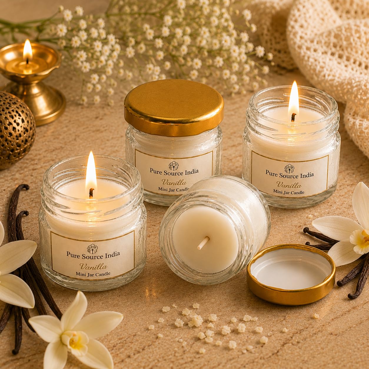 Pure Source India Fragrance Scented Mini Jar Wax Candle Set of 4 | Smokeless Candles with Gold Lid |for Home Decor, Diwali, Wedding, Birthday & Gifts
