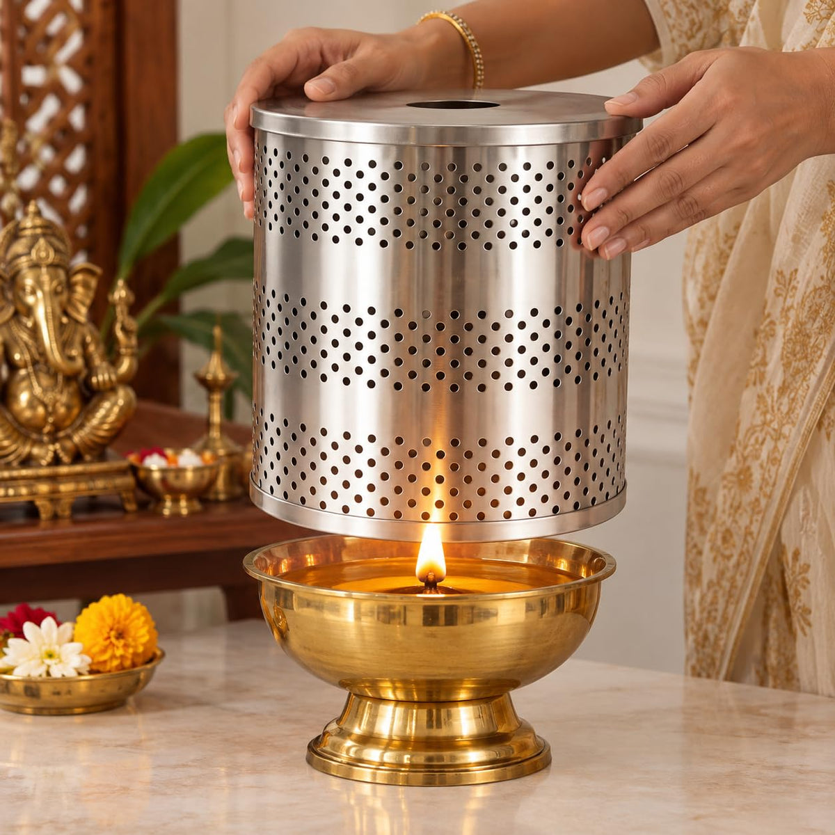 Pure Source India Stainless Steel 7.6 Inch Wind Protector Cover for Akhand Jyot | Safety Guard for Temple, Puja Room & Outdoor Use