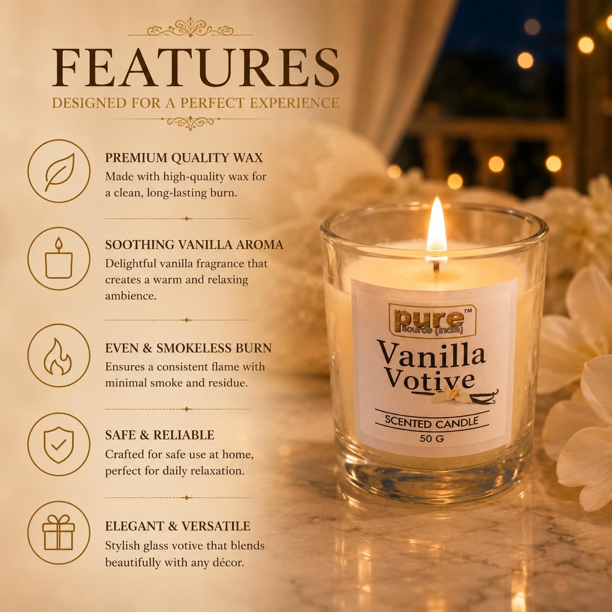 Pure Source India Votive Glass Scented Wax Candle Big Size Candles Combo Set for Home Decoration Aroma,50G, Pack of 4 (Scented - Vanilla)