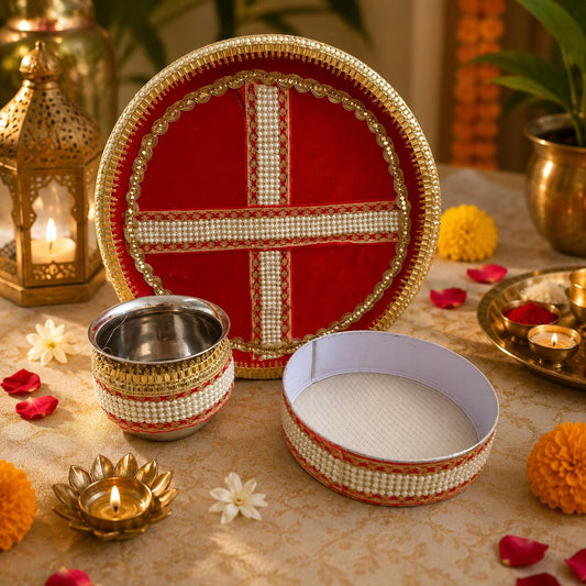 Pure Source India Handmade White Bead Embellished Karwa Chauth Pooja Thali Set, Steel Channi (Sieve), Karwa Lota | Traditional Karva Chauth Puja Kit for Married Women