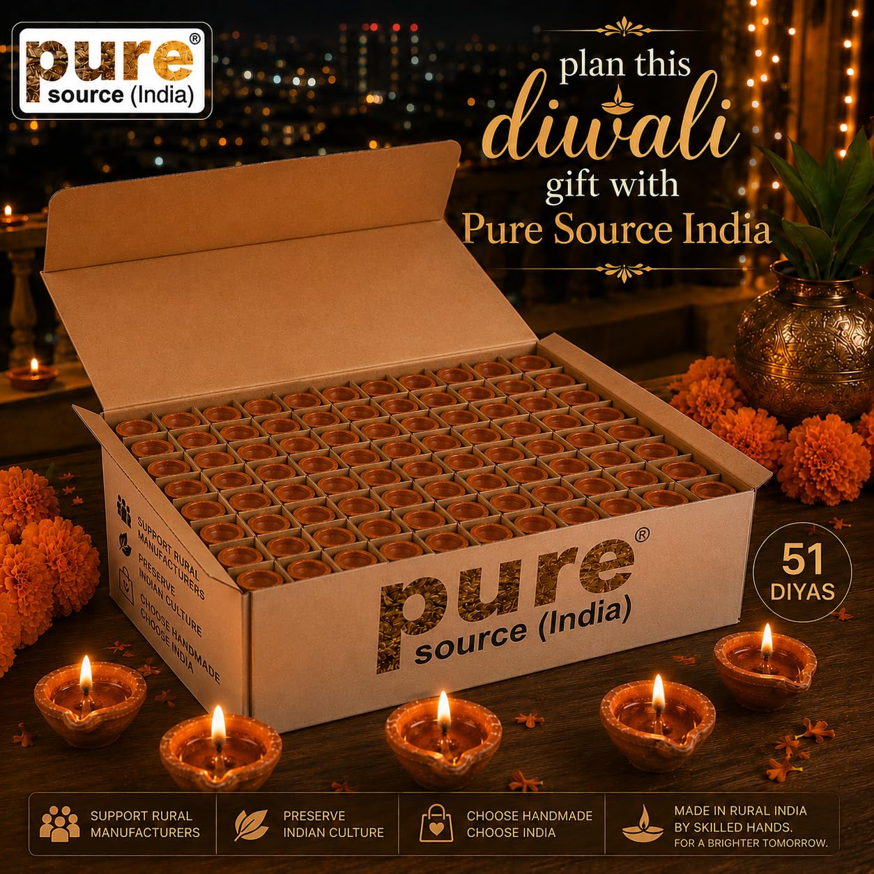 Pure Source India Natural Clay Traditional Diwali Ke Diye | Earthen Clay Diya | Mitti Ka Diva | Diyas for Pooja