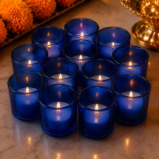 Pure Source India Set of 12 Glass Votive Tealight Candle Holders - Home Decoration (Glass, Pack of 12, Blue)