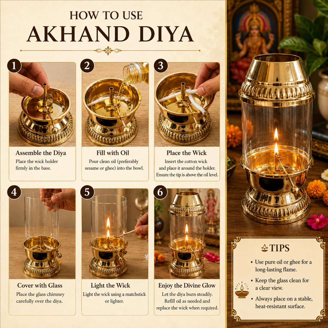 Pure Source India 250ml Capacity Brass Akhand Diya with Glass Cover, 8.5 Inch Height, Long Burning Oil Lamp for Puja Room, Mandir, Temple, Spiritual Decor & Festivals