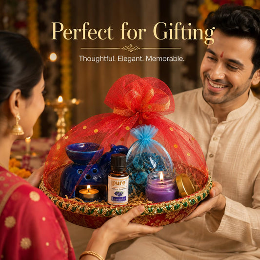 Pure Source India Diwali Gift Set with Blue Elephant Aroma Burner, Aroma Oil, Scented Candle & Potpourri Potli | Festive Home Fragrance Gift Hamper