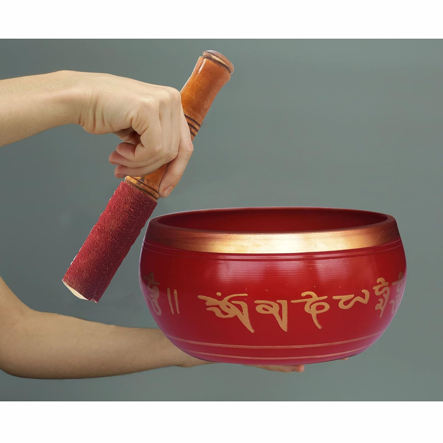 Pure Source India 5 Inch Brass Singing Bowl with Striker | Tibetan Buddhist Meditation Bowl | OM Bowl & Prayer Bell for Meditation, Pooja, Yoga & Music Therapy – Red