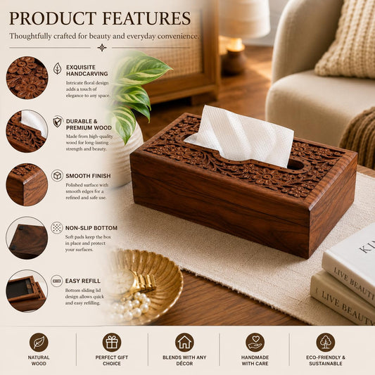 Pure Source India Handmade Wooden Tissue Napkin Holder Box, Decorative Wood Intricate Carvings Facial Napkins Holder Box for Dining Table, Kitchen, Home