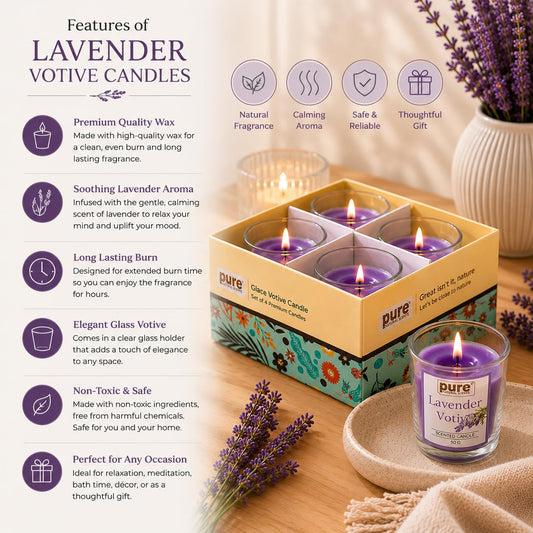 Pure Source India Lavender Votive Candles Set of 4,Scented Glass Candles, Aromatherapy Lavender Fragrance, Long Burning Decorative Candles for Home Décor, Bedroom, Relaxation, Meditation & Gift Giving