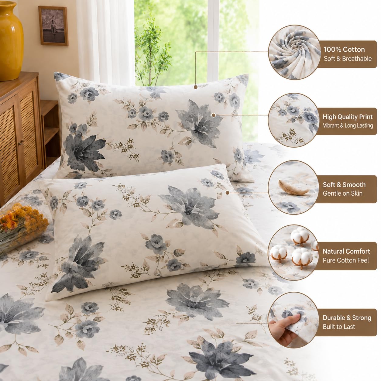 Pure Source India Soft Touch Poly Cotton Double Bed Sheet with Matching 2 Pillow Covers (Grey Floral)