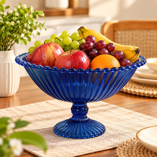 Pure Source India Blue Glass Fruit Bowl 7.5 Inch | Decorative Ribbed Pedestal Bowl for Fruits, Snacks, Desserts & Table Centerpiece | Elegant Gold Serving Bowl