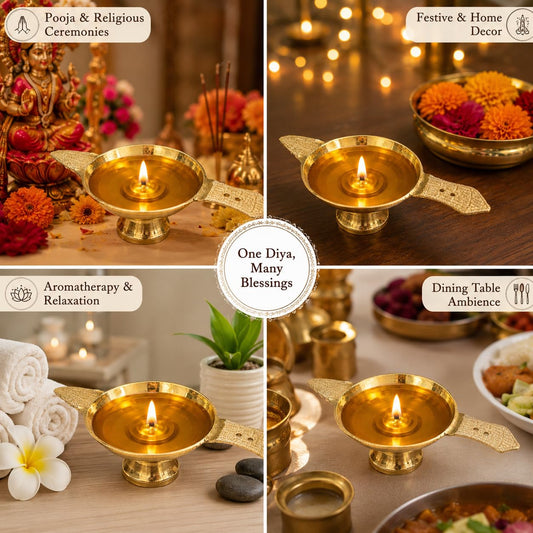 Pure Source India 5 Inch Brass Diya Oil Lamp for Pooja | Traditional Indian Deepam with Decorative Handles | Temple Lamp for Home, Diwali, Festivals & Spiritual Décor