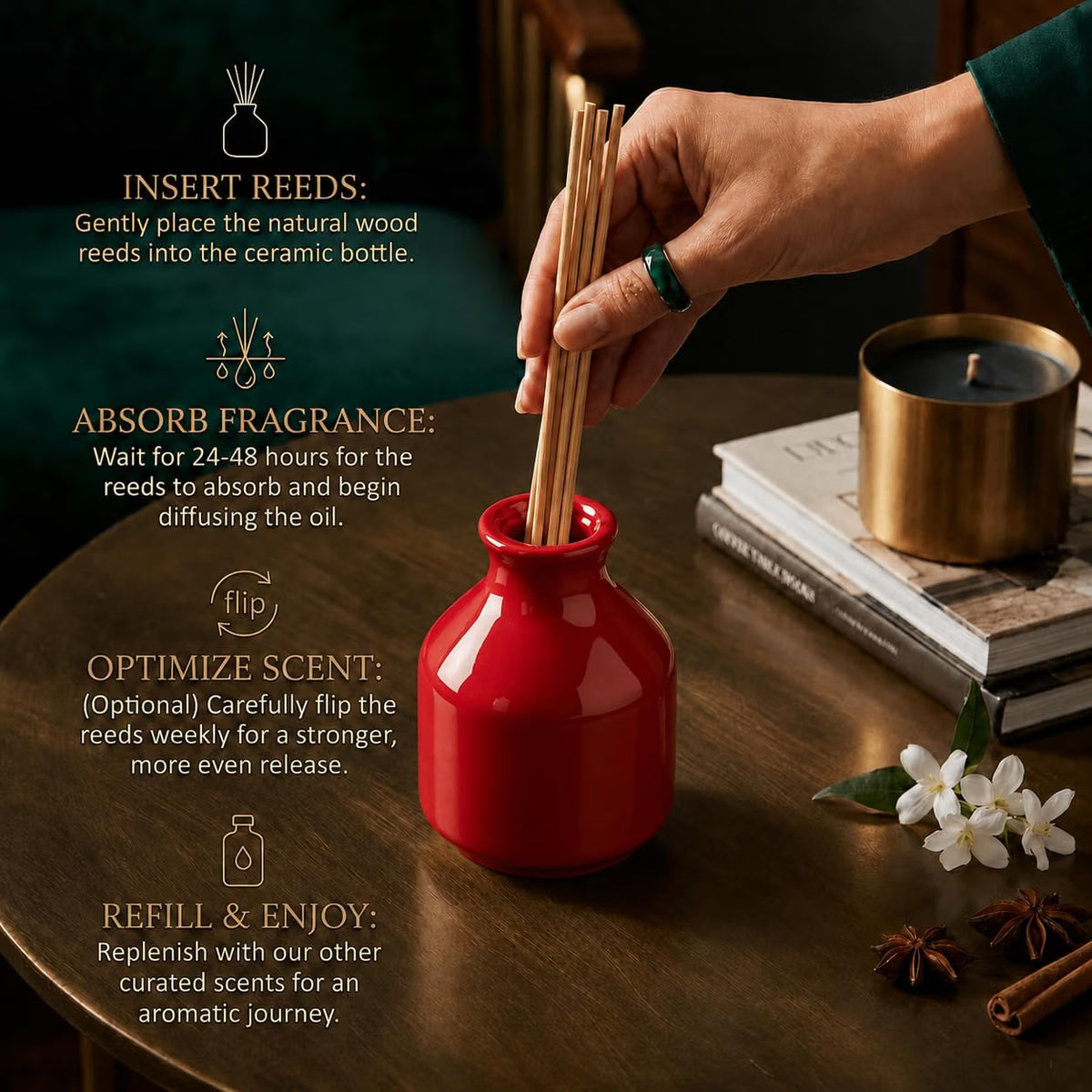Pure Source India Elegant Ceramic Reed Diffuser Pot (Red) – Decorative Aroma Diffuser Vase for Living Rooms, bedrooms, bathrooms, Offices, and entryways (Red)