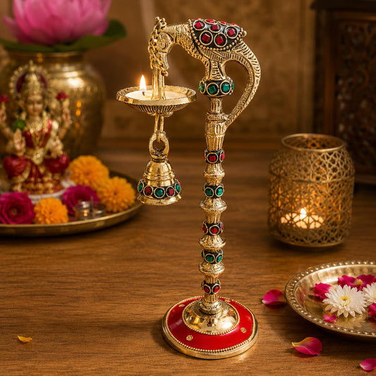9 Inch Brass Peacock Diya for Pooja | Traditional Decorative Oil Lamp with Hanging Bell | Handmade Brass Deepam for Home Temple, Mandir, Diwali, Navratri & Housewarming Gift