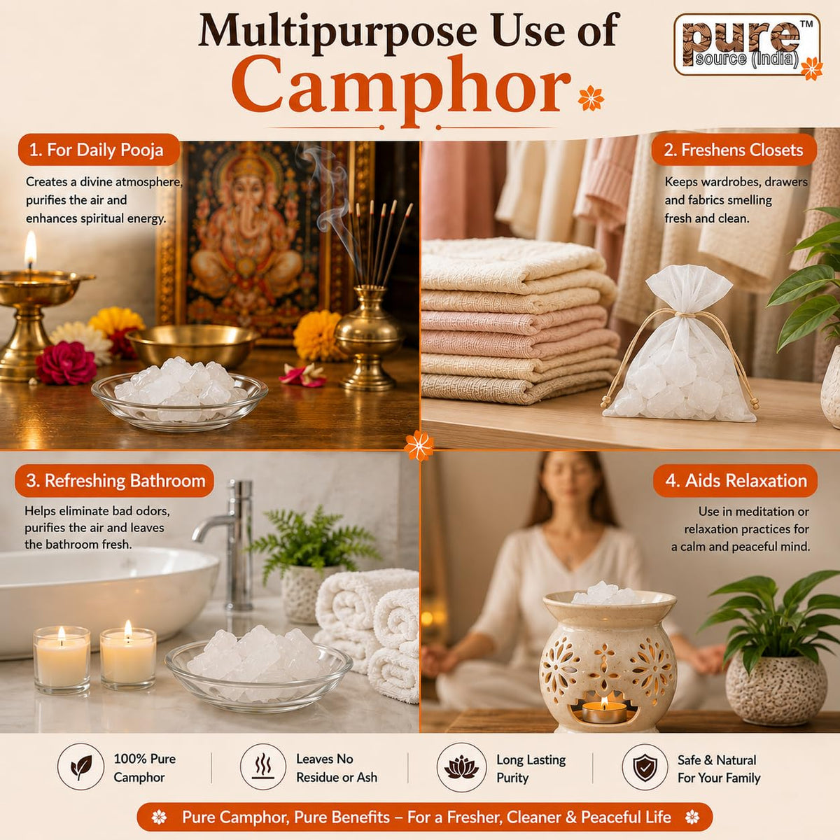 Pure Source India 100% Pure Natural Camphor Slab 250g | Long Burning Camphor for Pooja, Aarti & Home Fragrance