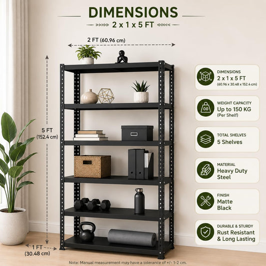 Pure Source India Iron Matte Finish (2 X 1 X 5 FT) (6 Shelf) Adjustable Display Rack for Home Office & Gym Use