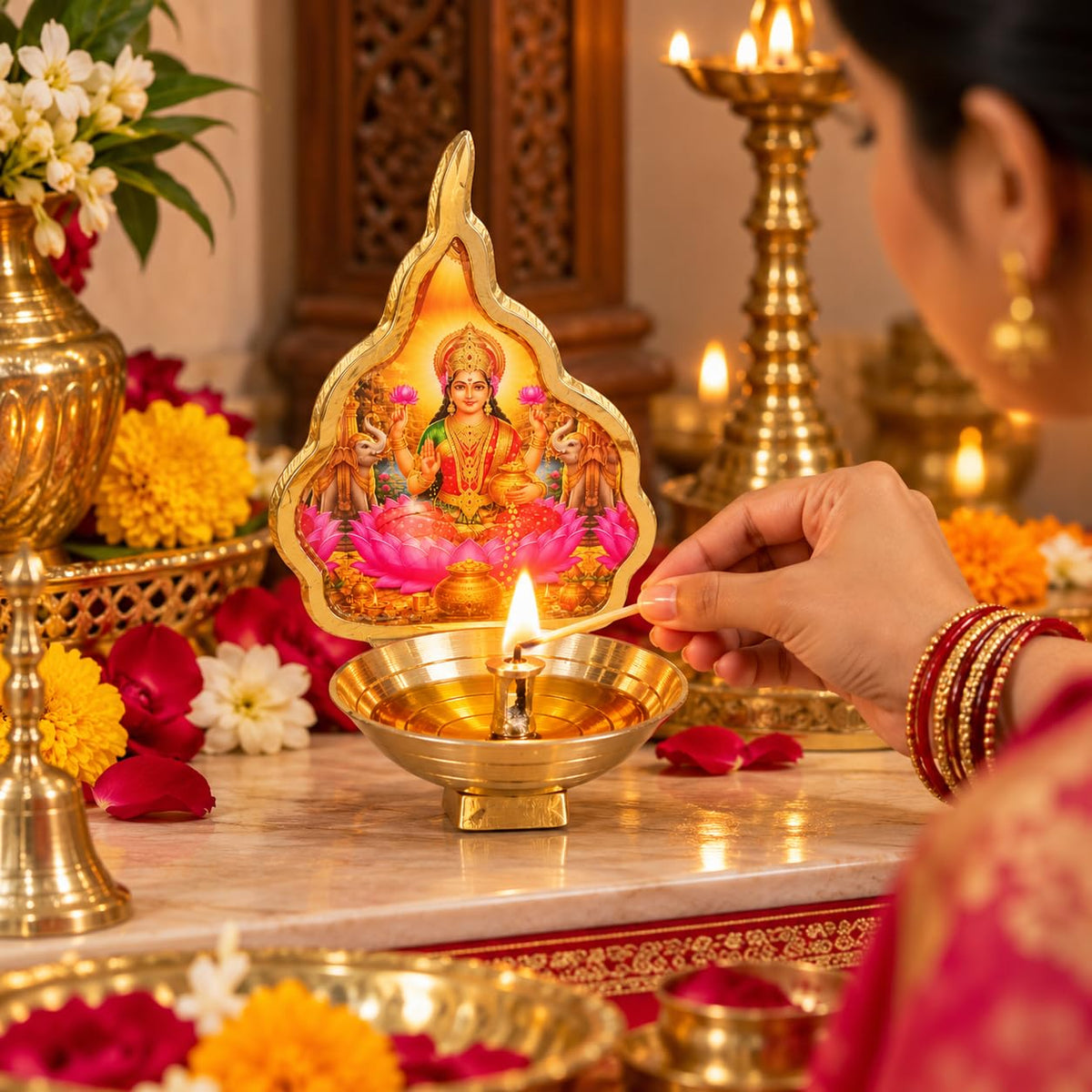 Pure Source India Laxmi Ji Brass Diya for Puja, Decorative Oil Lamp for Diwali Pooja Mandir Decoration & Festive Gifting