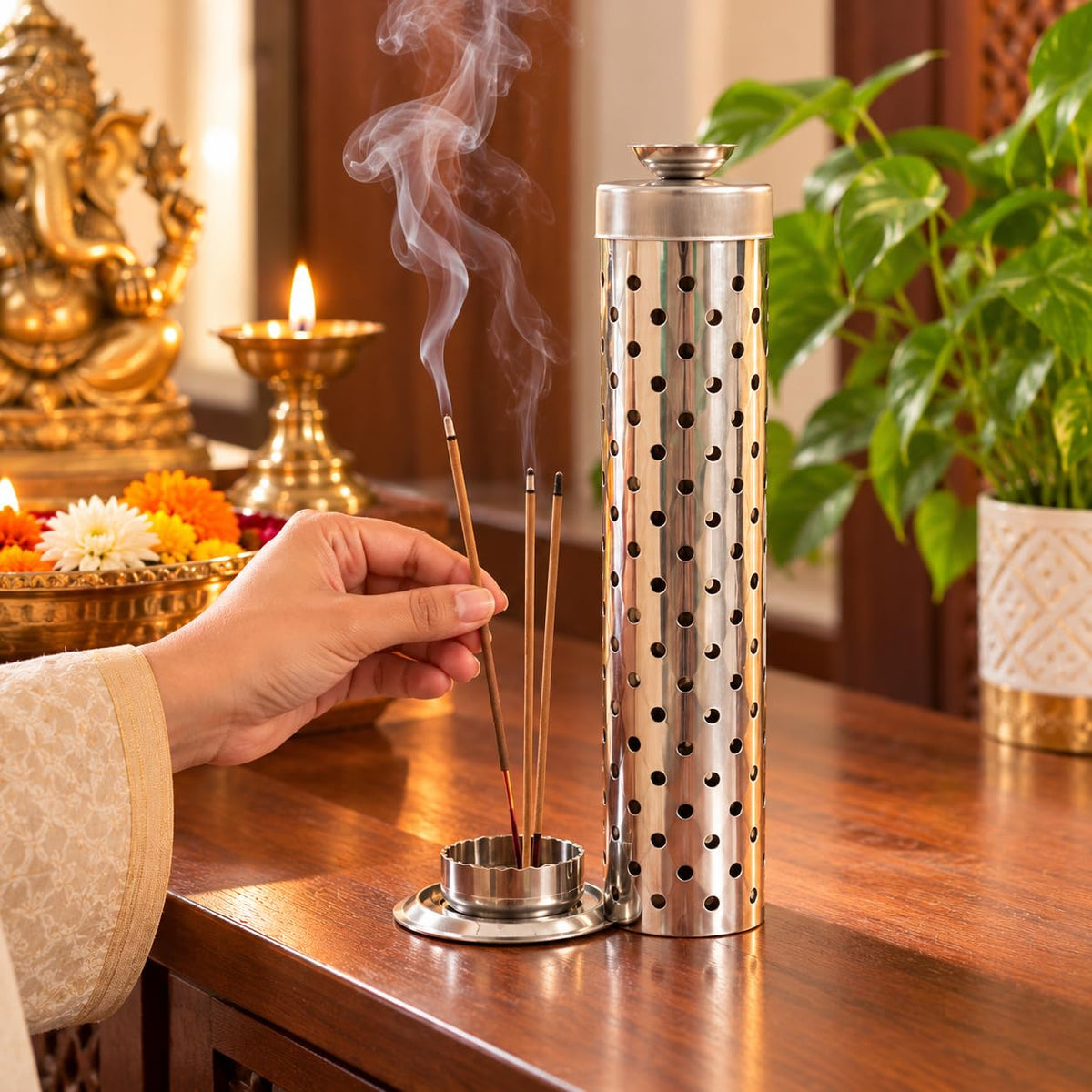 Pure Source India Stainless Steel Incense Stick Holder for Home Temple, Pooja Room and Meditation