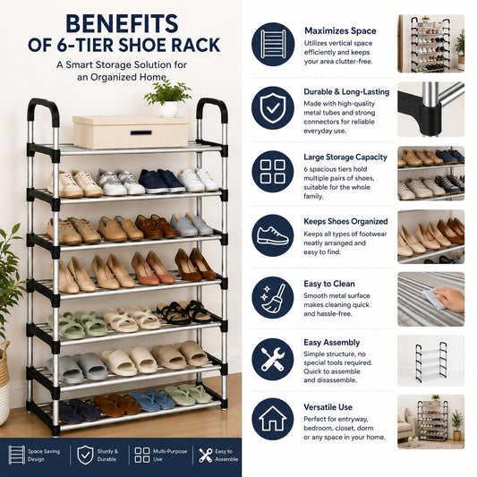 Pure Source India 6 Tier Stainless Steel Shoe Rack Organizer | Easy Assembly Footwear Storage Shelf for Home, Office & Entryway